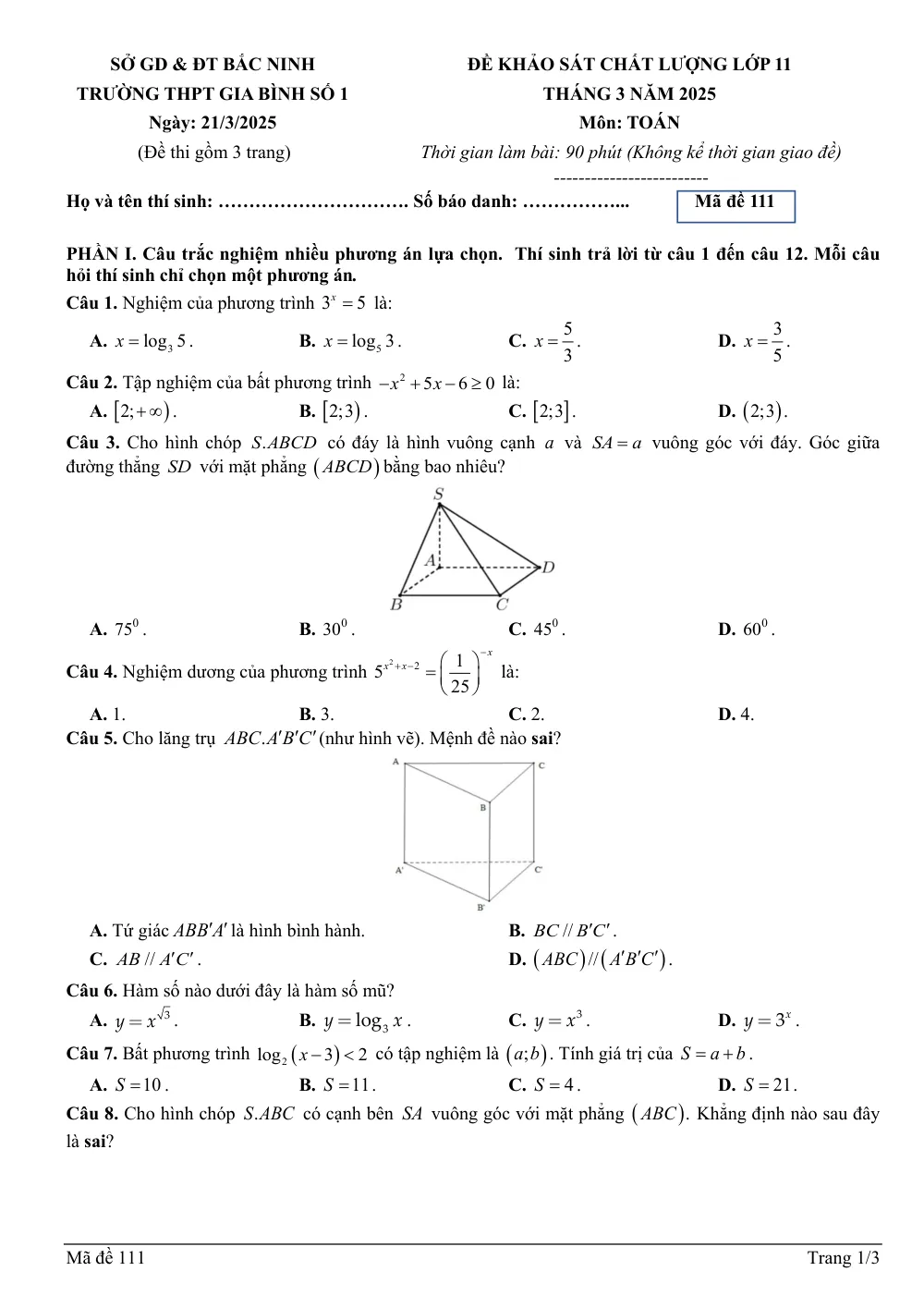Xem trước trang 1 của "Đề Khảo Sát Chất Lượng Lớp 11 - Trường THPT Gia Bình Số 1 - Toán 11 - Tháng 3 Năm 2025"