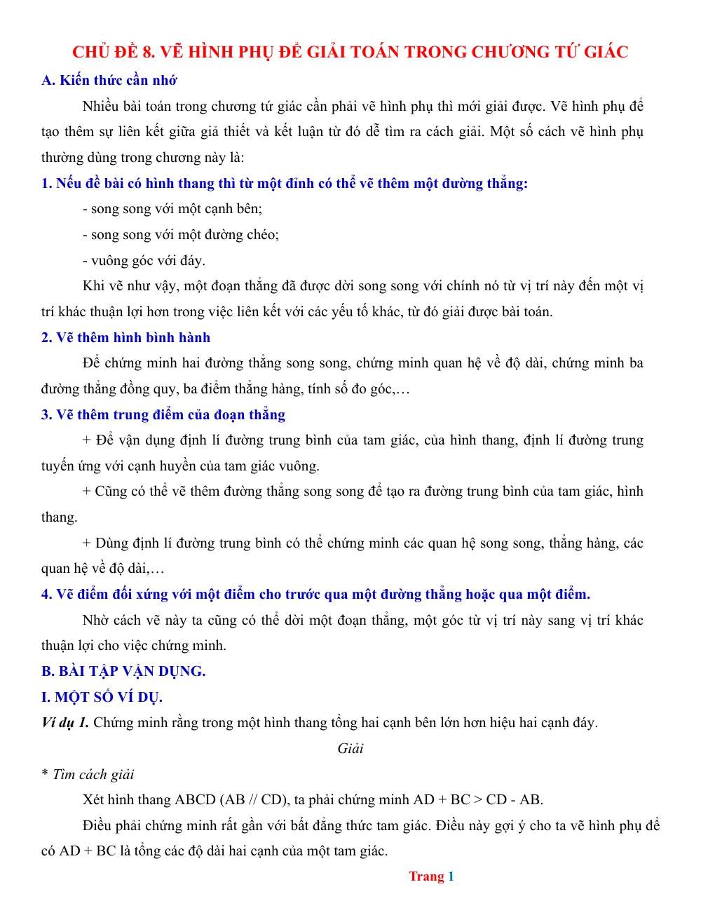 Xem trước trang 1 của "Toán 8 - Chủ đề 8: Vẽ Hình Phụ Để Giải Toán Trong Chương Tứ Giác"