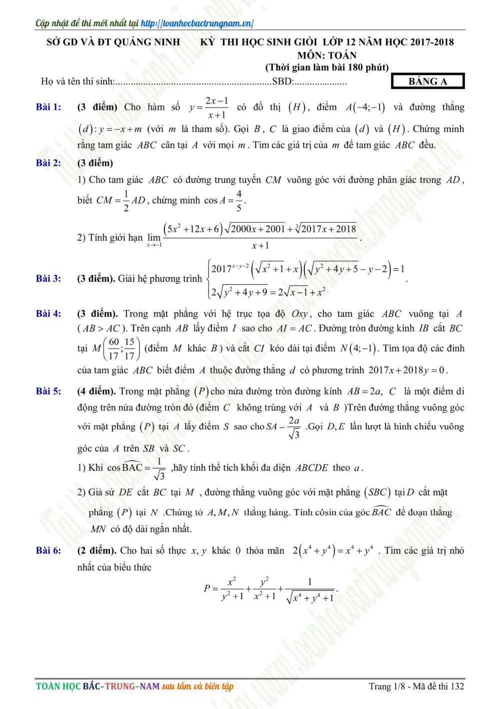 Xem trước trang 1 của "Đề HSG Toán 12 - Năm học 2017-2018 - Sở GD&ĐT Quảng Ninh (Bảng A)"