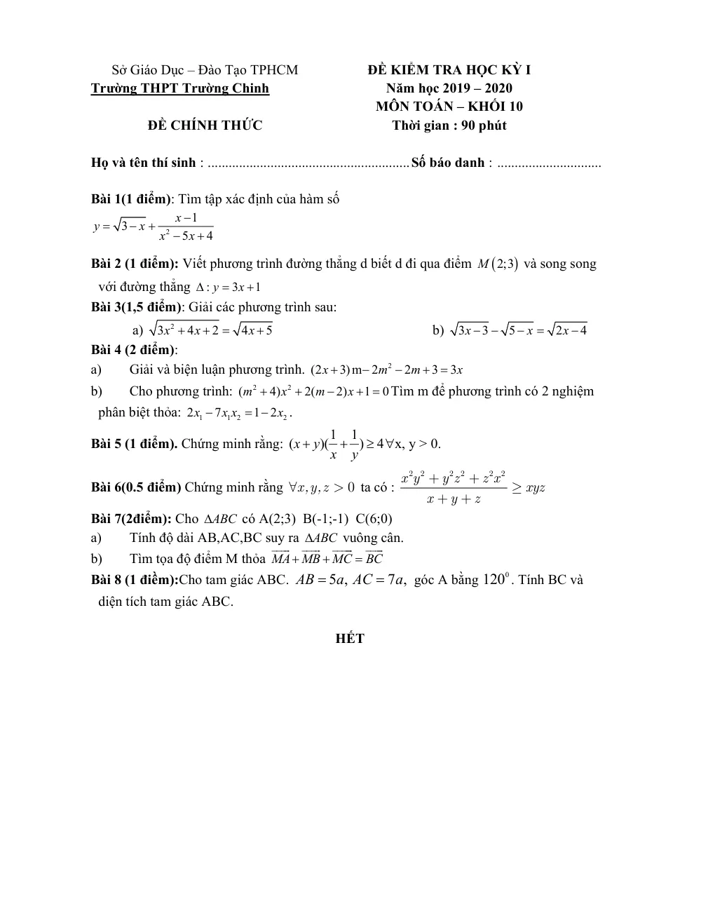 Xem trước trang 1 của "Đề Kiểm Tra Học Kỳ I Toán 10 - Năm học 2019-2020 - Trường THPT Trường Chinh - TP. Hồ Chí Minh"