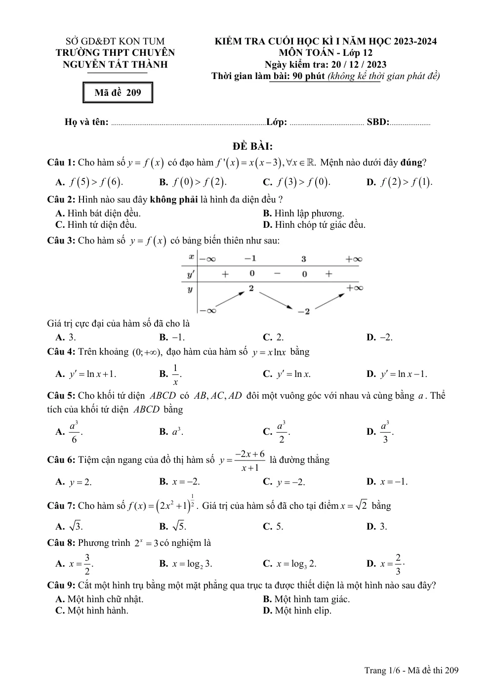 Xem trước trang 1 của "Đề cuối học kỳ 1 Toán 12 - Trường THPT Chuyên Nguyễn Tất Thành - Kon Tum (2023-2024)"