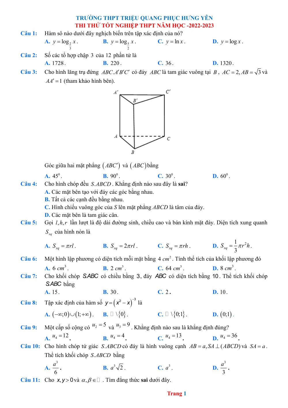 Xem trước trang 1 của "Đề thi thử Tốt nghiệp THPT 2023 - Toán - Trường THPT Triệu Quang Phục - Hưng Yên - Lần 1"