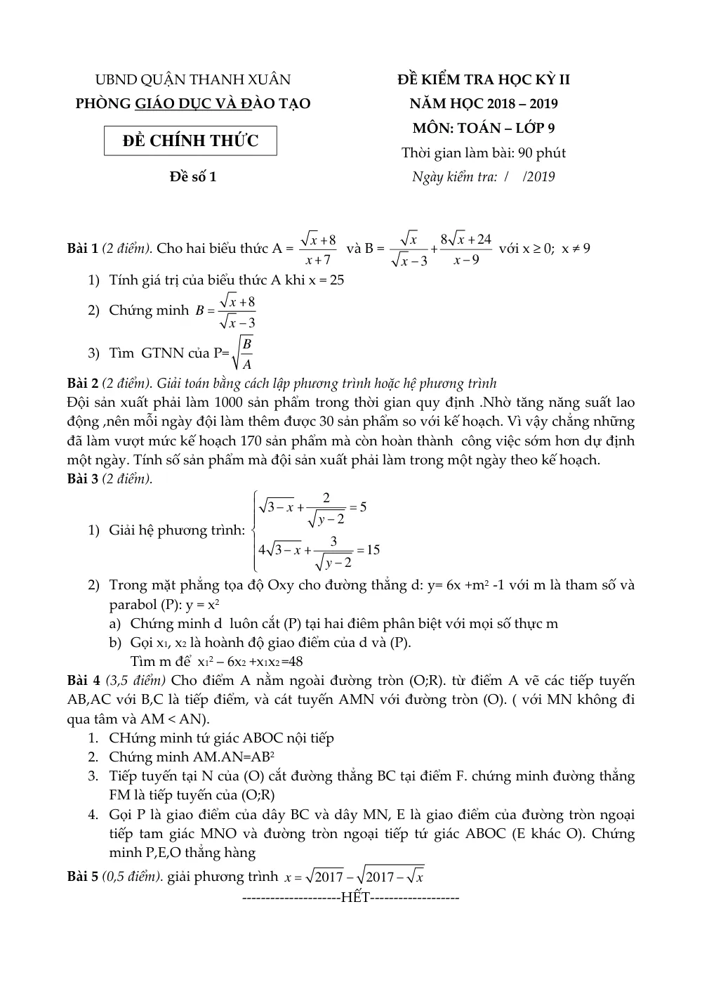 Xem trước trang 1 của "Đề Kiểm Tra Học Kỳ II Toán 9 Năm Học 2018-2019 - Phòng GDĐT Thanh Xuân - Hà Nội"