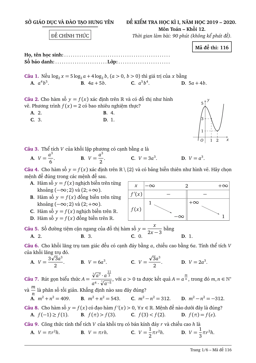 Xem trước trang 1 của "Đề Kiểm Tra Học Kỳ 1 Toán 12 - Năm học 2019-2020 - Sở GDĐT Hưng Yên"