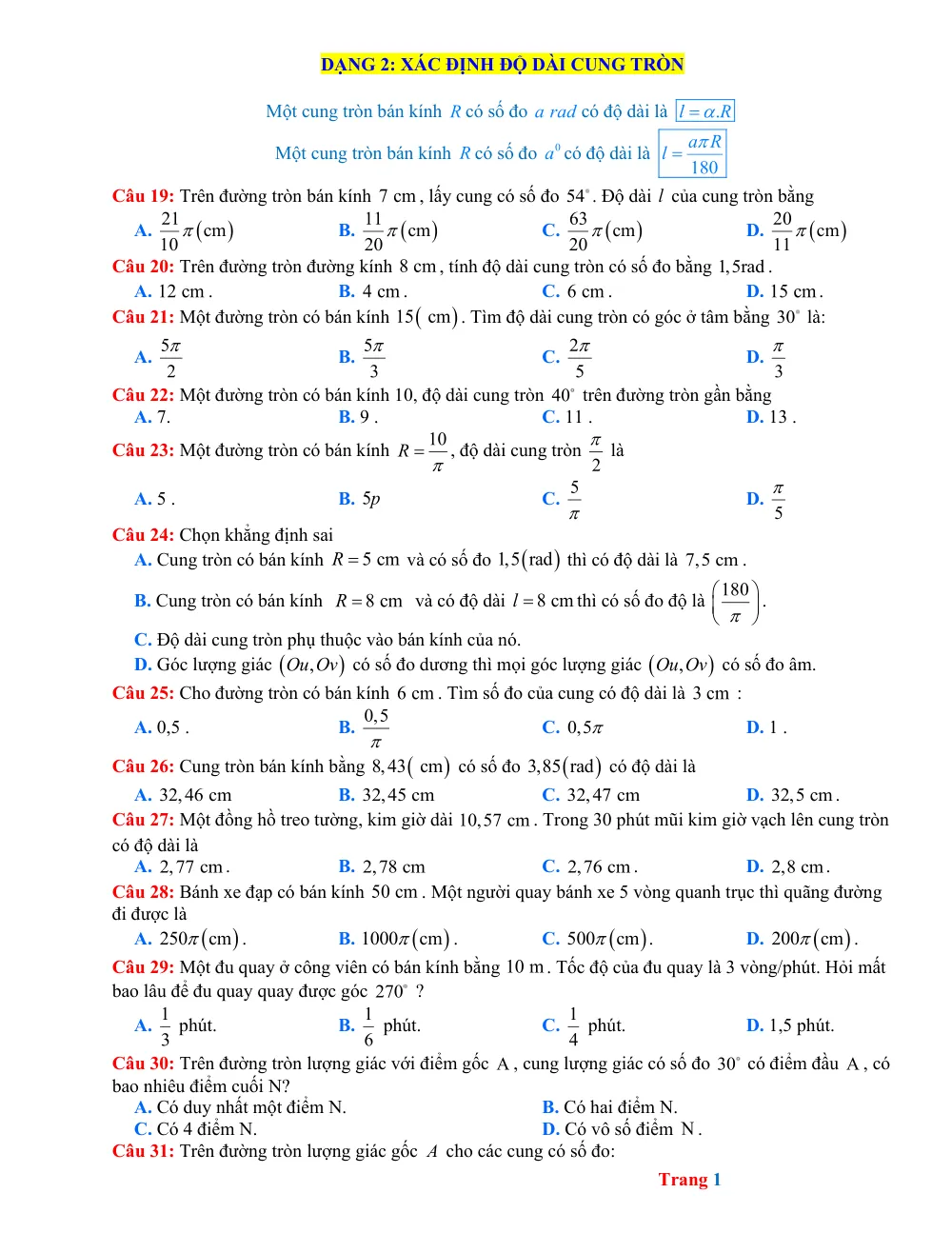 Xem trước trang 1 của "Toán 11 - Dạng 2: Xác định độ dài cung tròn"