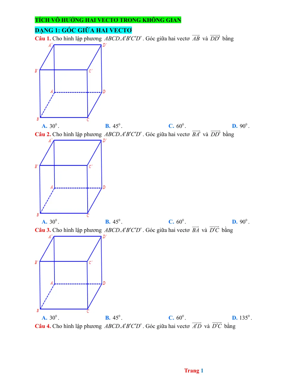 Xem trước trang 1 của "Trắc nghiệm Tích vô hướng hai vectơ trong không gian - Lớp 12"