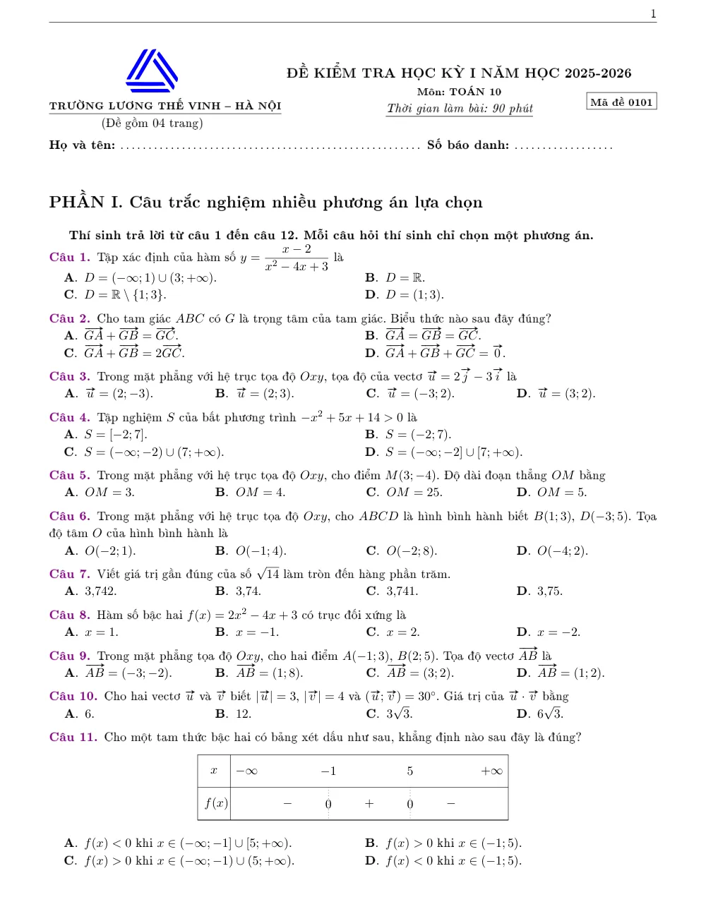 Xem trước trang 1 của "Đề Học Kỳ 1 Toán 10 Năm 2025-2026 - Trường Lương Thế Vinh - Hà Nội"
