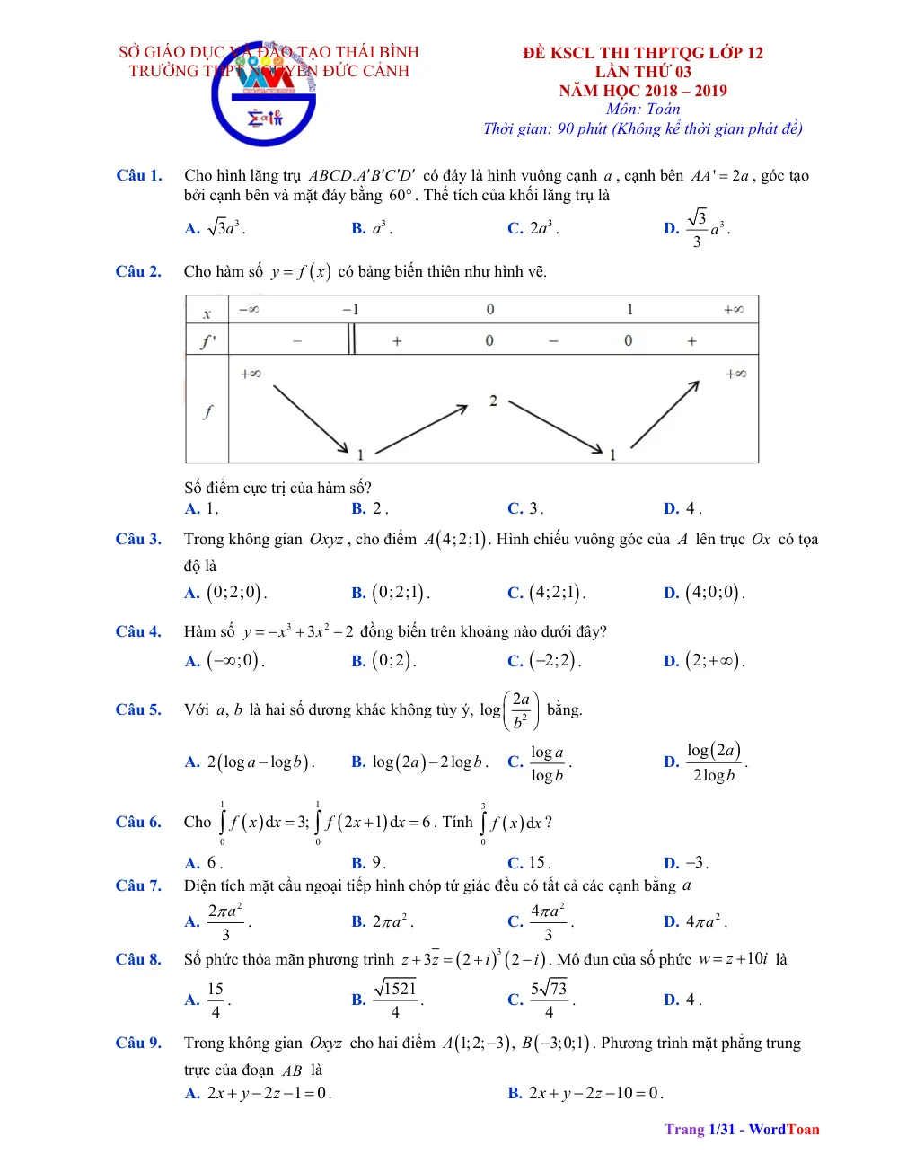 Xem trước trang 1 của "Đề Thi Thử Toán THPTQG 2019 Lần 3 - Trường THPT Nguyễn Đức Cảnh - Thái Bình"