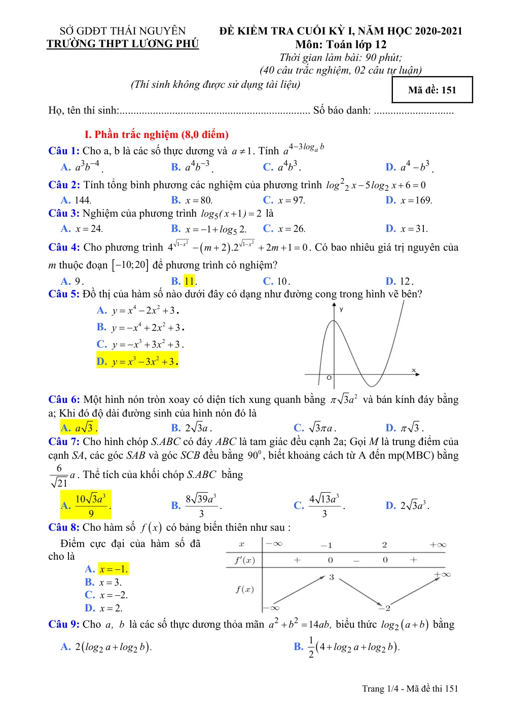 Xem trước trang 1 của "Đề Kiểm Tra Cuối Kỳ I Toán 12 Năm Học 2020-2021 - Trường THPT Lương Phú - Thái Nguyên"