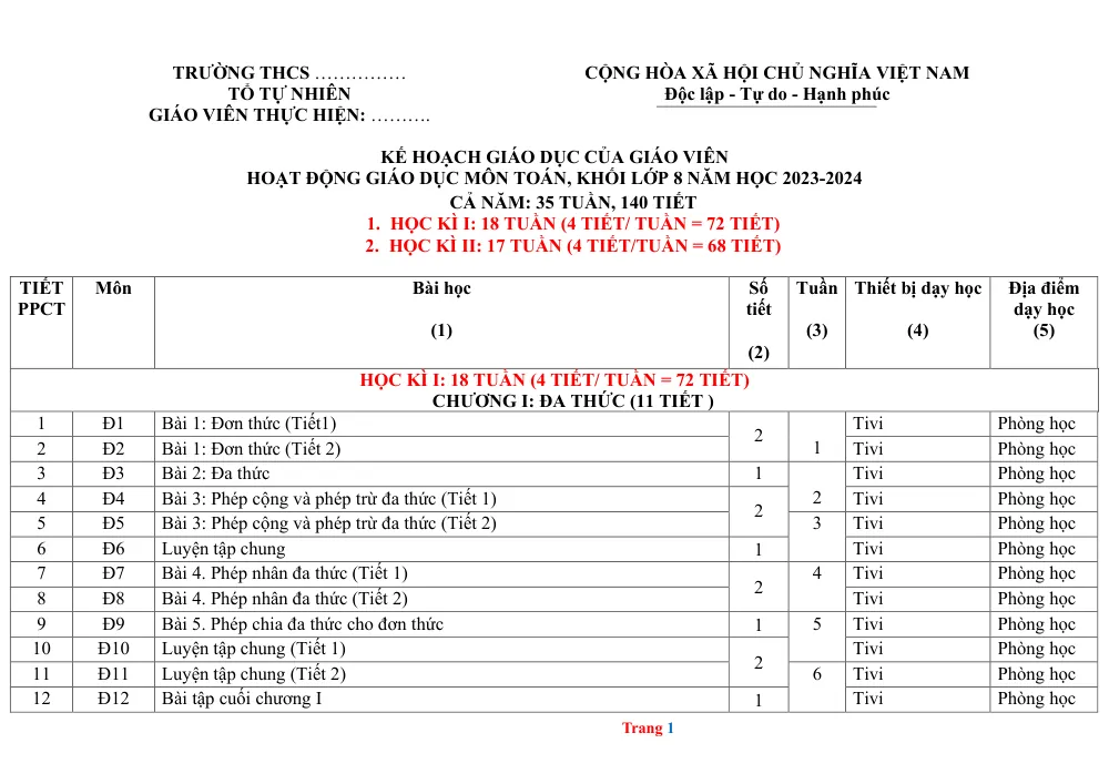 Xem trước trang 1 của "Kế hoạch giáo dục môn Toán lớp 8 năm học 2023-2024"