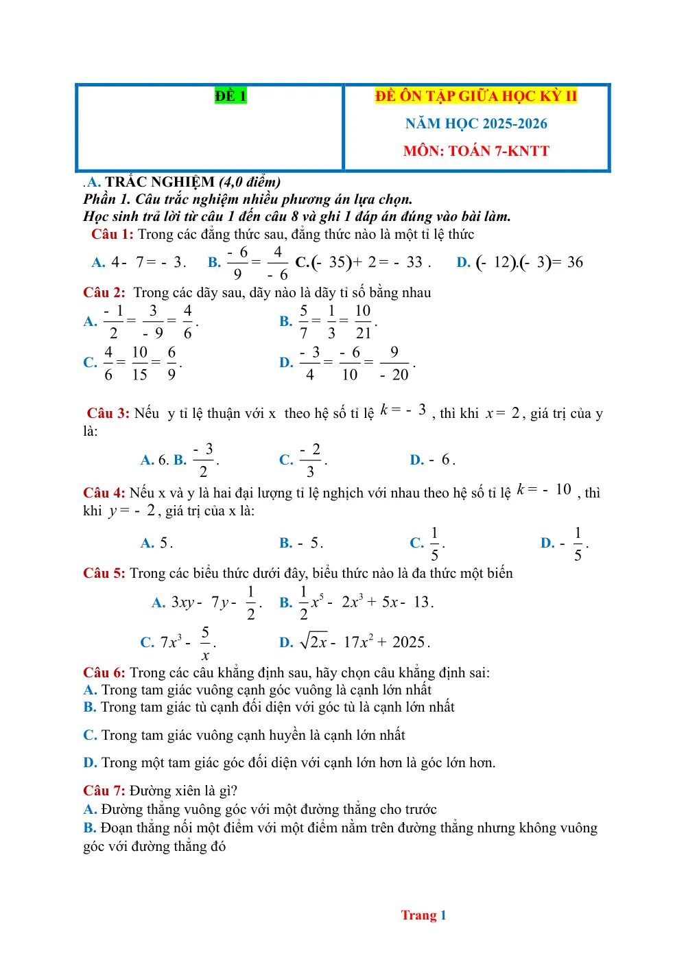 Xem trước trang 1 của "10 Đề Ôn Tập Giữa Học Kỳ II - Toán 7 - Năm học 25-26"