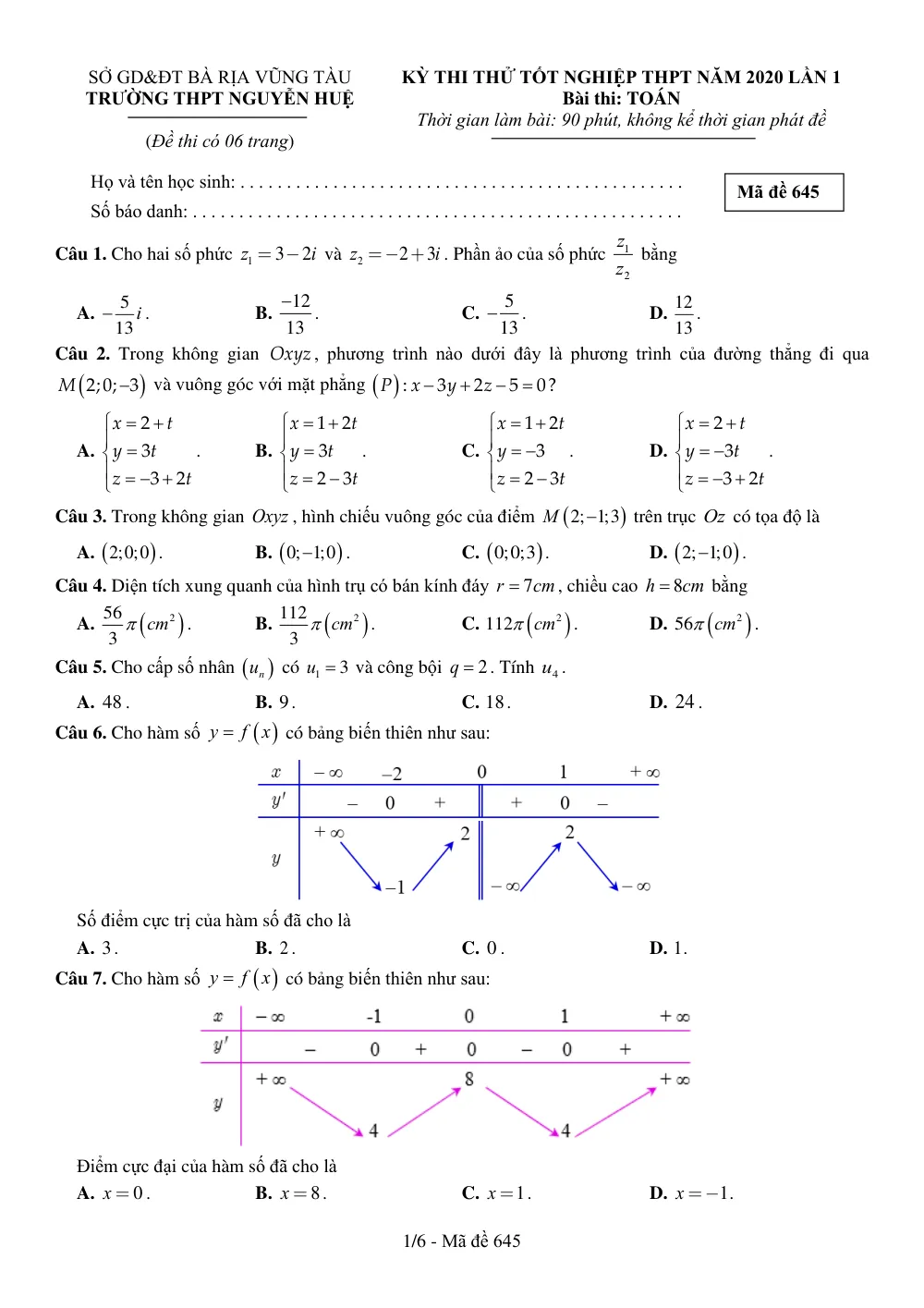Xem trước trang 1 của "Đề thi thử Tốt nghiệp THPT 2020 Lần 1 - Môn Toán - Trường THPT Nguyễn Huệ - BR-VT"