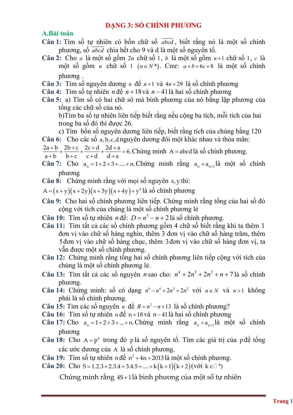 Xem trước trang 1 của "Học sinh giỏi Toán 8 - Dạng 3: Số chính phương"