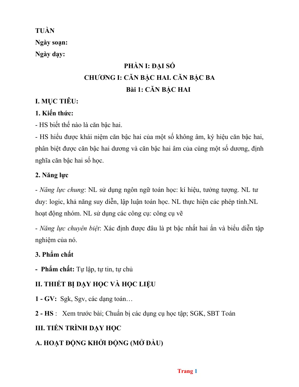 Xem trước trang 1 của "Toán 9 - Học kỳ 1 - Căn bậc hai - Cần Thơ"