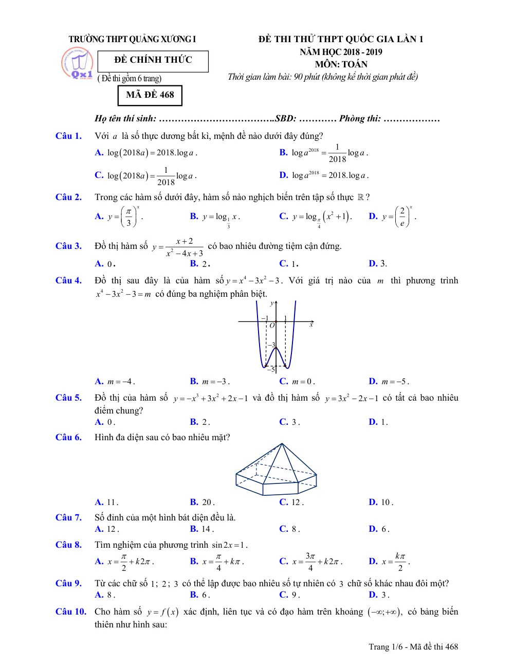 Xem trước trang 1 của "Đề Thi Thử THPT Quốc Gia Lần 1 Toán 12 - Trường THPT Quảng Xương I - Năm học 2018-2019"