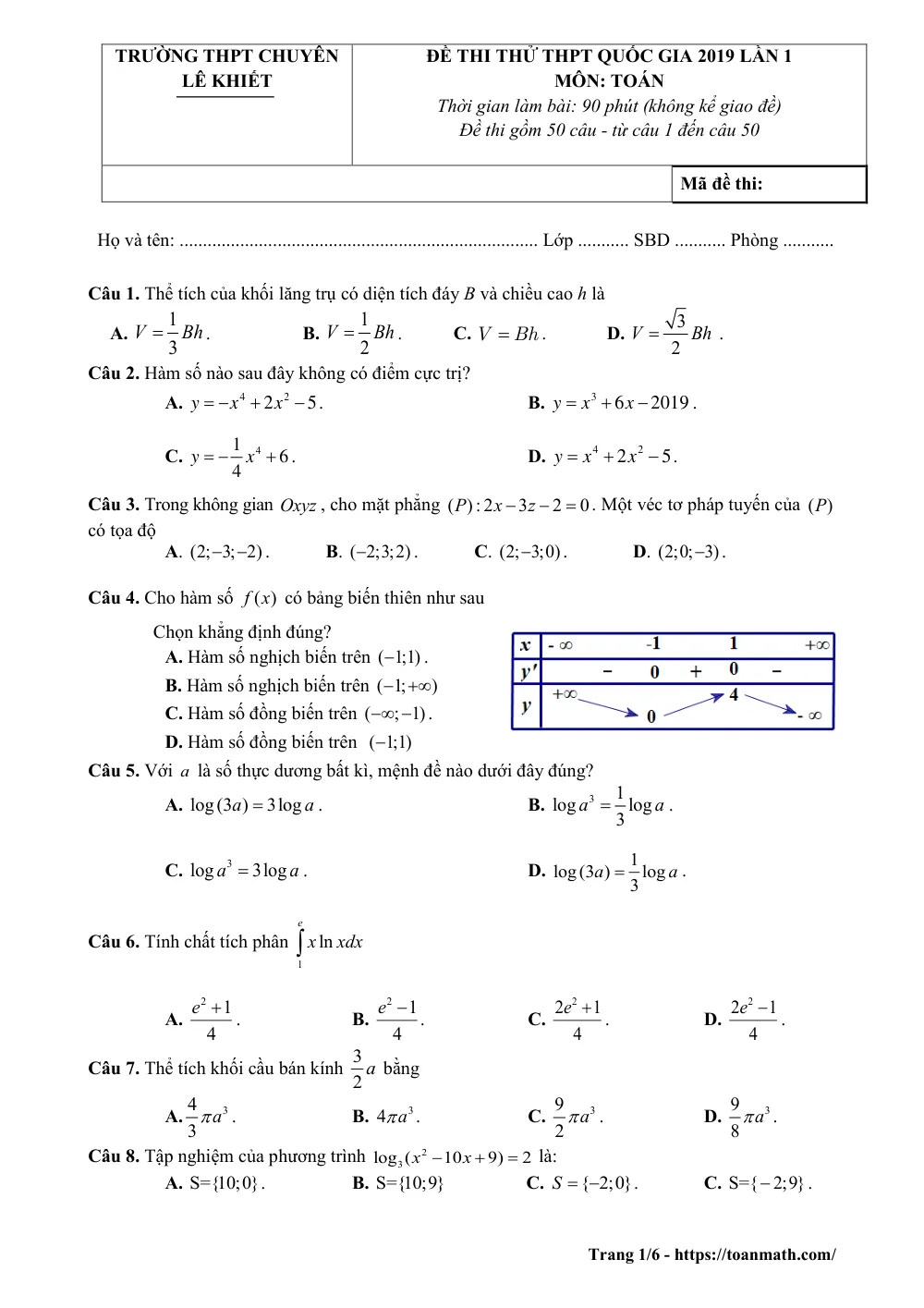 Xem trước trang 1 của "Đề Thi Thử THPT Quốc Gia 2019 Lần 1 - Trường THPT Chuyên Lê Khiết - Toán 12 - Quảng Ngãi"