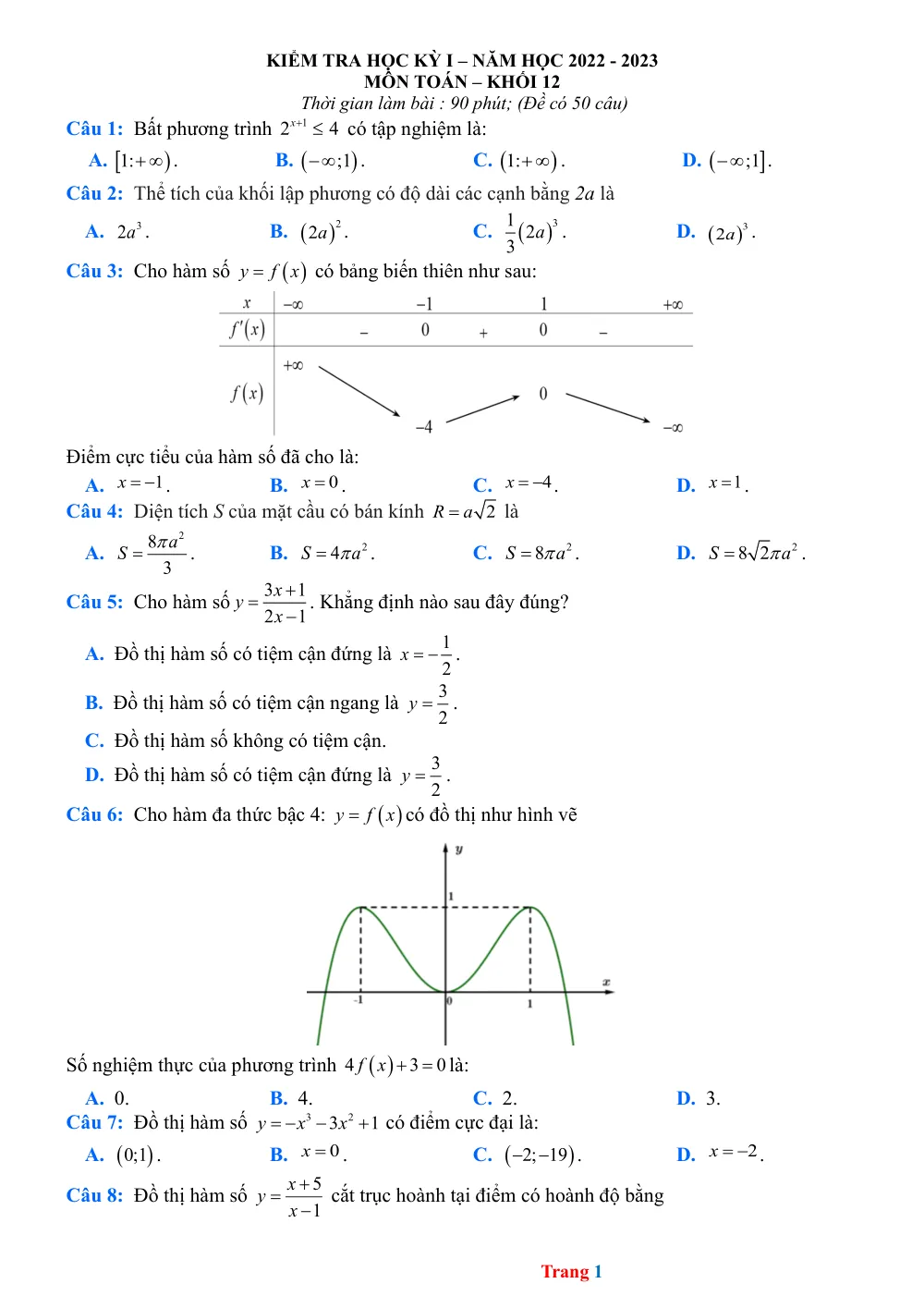 Xem trước trang 1 của "Đề thi HK1 Toán 12 năm 2023 - Đề 6"
