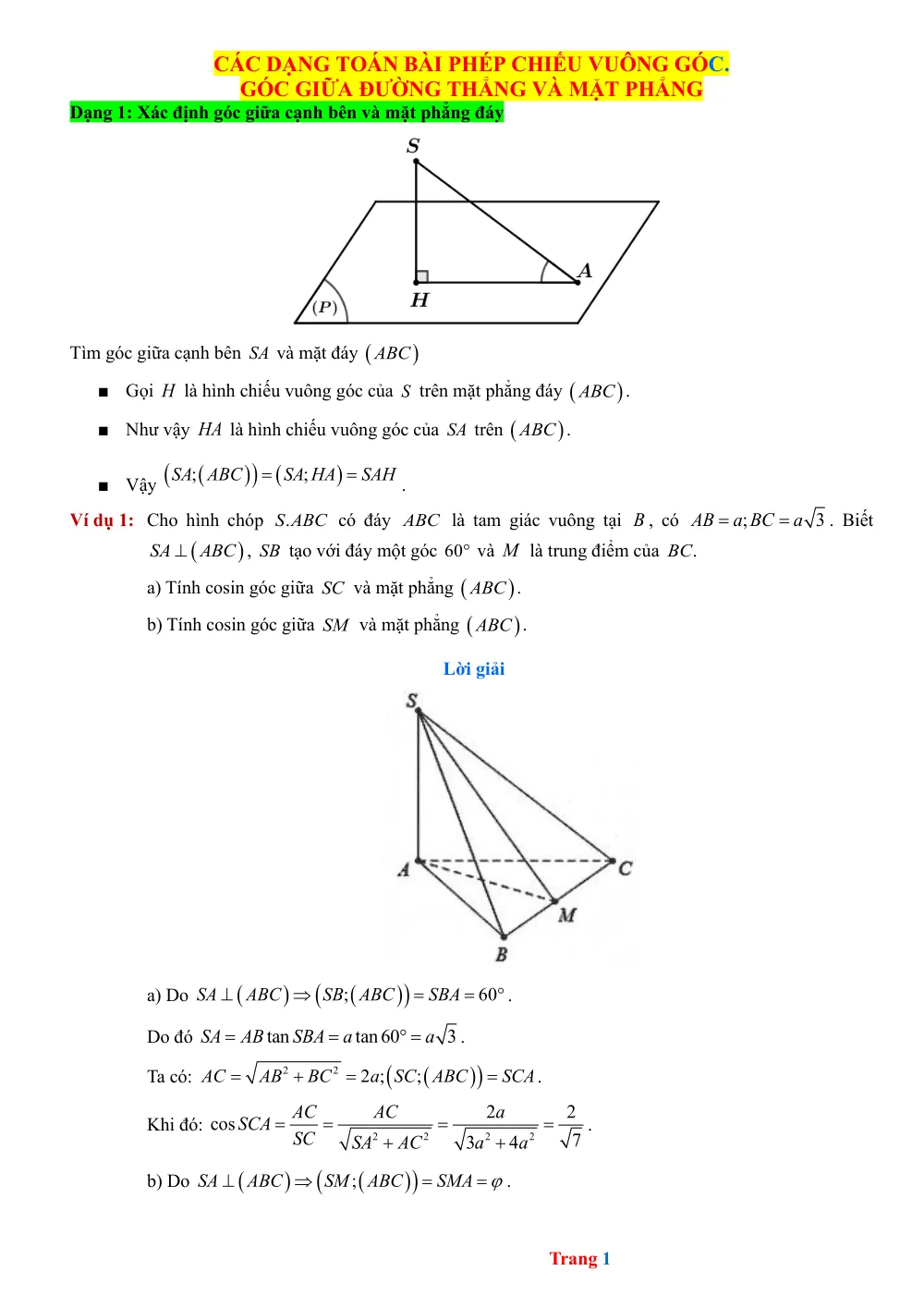 Xem trước trang 1 của "Các dạng bài Tập: Phép chiếu vuông góc. Góc giữa đường thẳng và mặt phẳng"