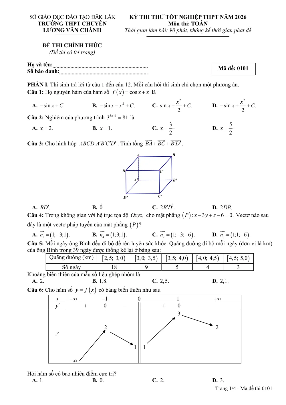 Xem trước trang 1 của "Đề Thi Thử Tốt Nghiệp THPT 2026 - Môn Toán - Trường THPT Chuyên Lương Văn Chánh - Đắk Lắk"