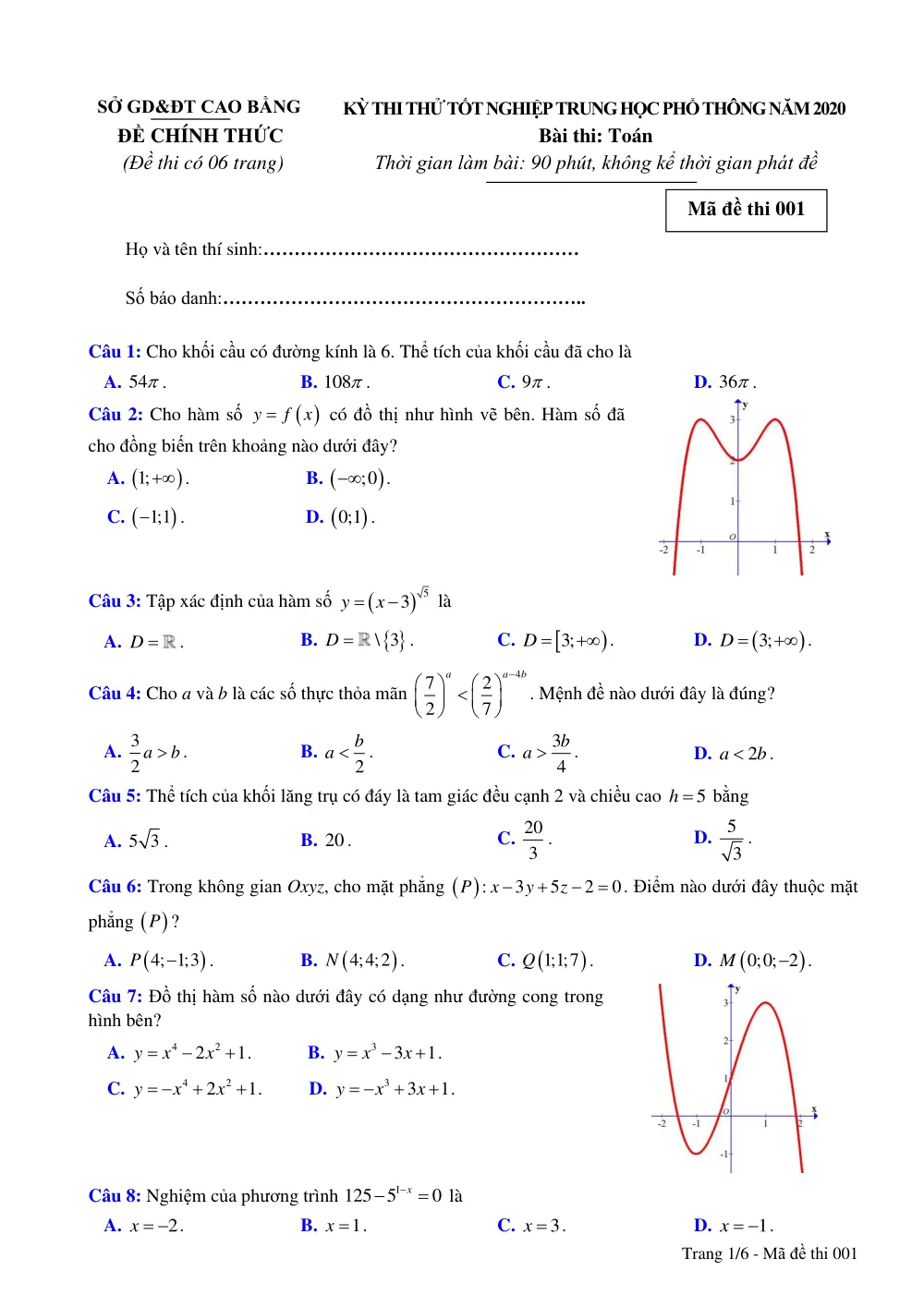 Xem trước trang 1 của "Đề Thi Thử Tốt Nghiệp THPT 2020 Môn Toán - Sở GD&ĐT Cao Bằng"