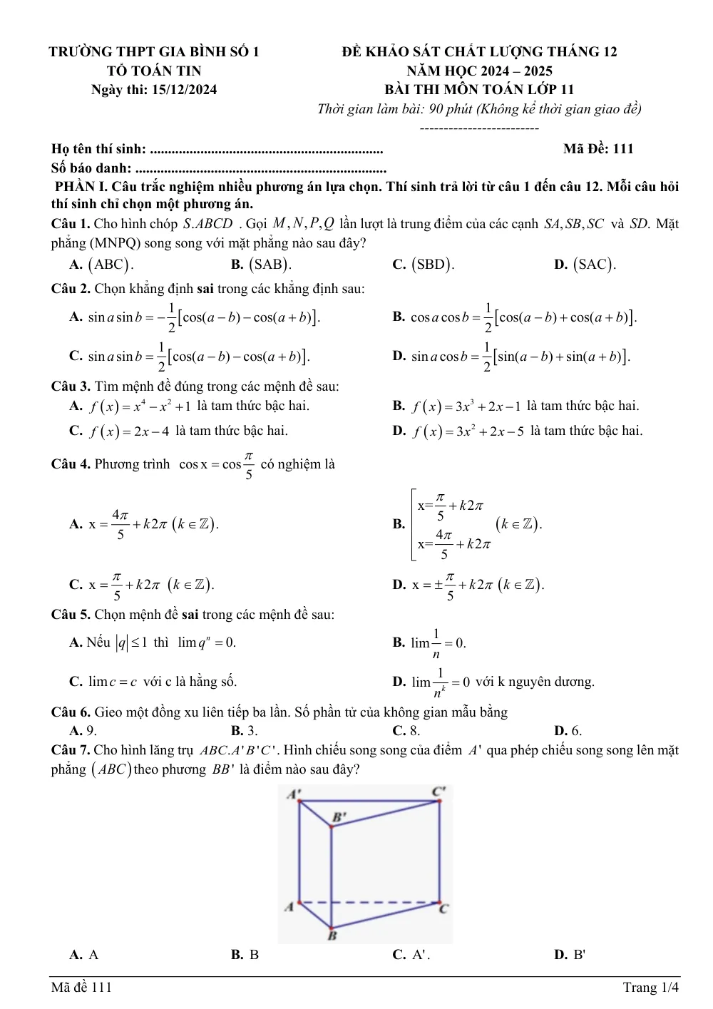 Xem trước trang 1 của "Đề Khảo Sát Chất Lượng Tháng 12 - Toán 11 - Trường THPT Gia Bình Số 1 - Năm học 2024-2025"