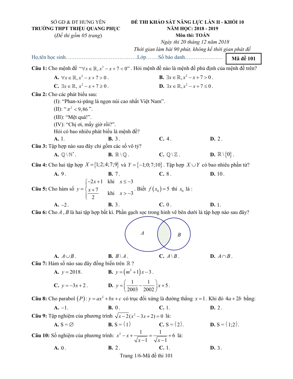 Xem trước trang 1 của "Đề Khảo Sát Năng Lực Toán 10 - Trường THPT Triệu Quang Phục - Lần 2 - Năm học 2018-2019 - Hưng Yên"