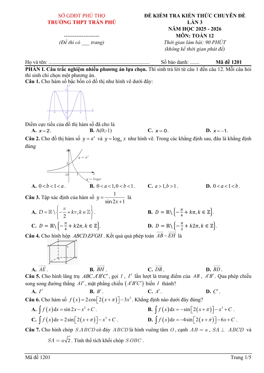 Xem trước trang 1 của "Đề Kiểm Tra Kiến Thức Chuyên Đề Toán 12 Lần 3 - Trường THPT Trần Phú (Phú Thọ) - Năm học 2025-2026"