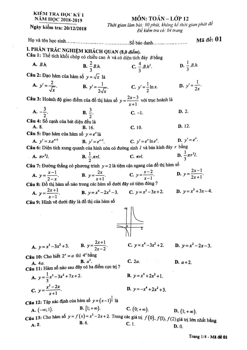 Xem trước trang 1 của "Đề thi học kỳ 1 Toán 12 - Năm học 2018-2019 - Sở GD&ĐT Phú Thọ"