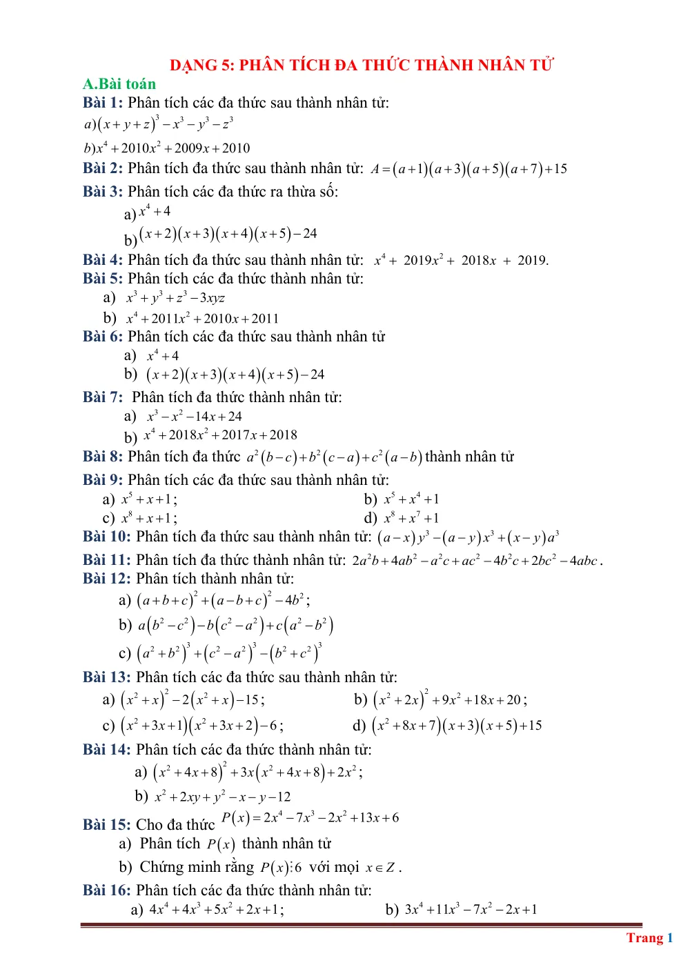 Xem trước trang 1 của "DẠNG 5: PHÂN TÍCH ĐA THỨC THÀNH NHÂN TỬ - Toán 8 - Học sinh giỏi"