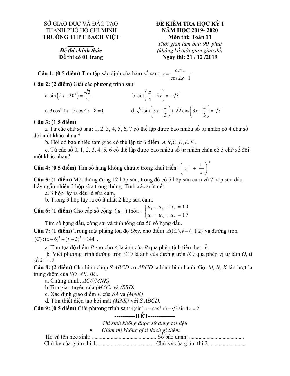 Xem trước trang 1 của "Đề Kiểm Tra Học Kỳ I Toán 11 - Năm học 2019-2020 - Trường THPT Bách Việt - TP. Hồ Chí Minh"