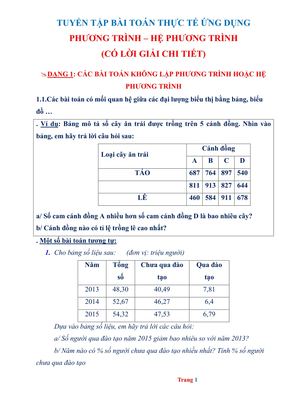 Xem trước trang 1 của "Tuyển Tập Bài Toán Thực Tế Ứng Dụng Phương Trình – Hệ Phương Trình (Có Lời Giải Chi Tiết) - Dạng 1: Các Bài Toán Không Lập Phương Trình Hoặc Hệ Phương Trình"
