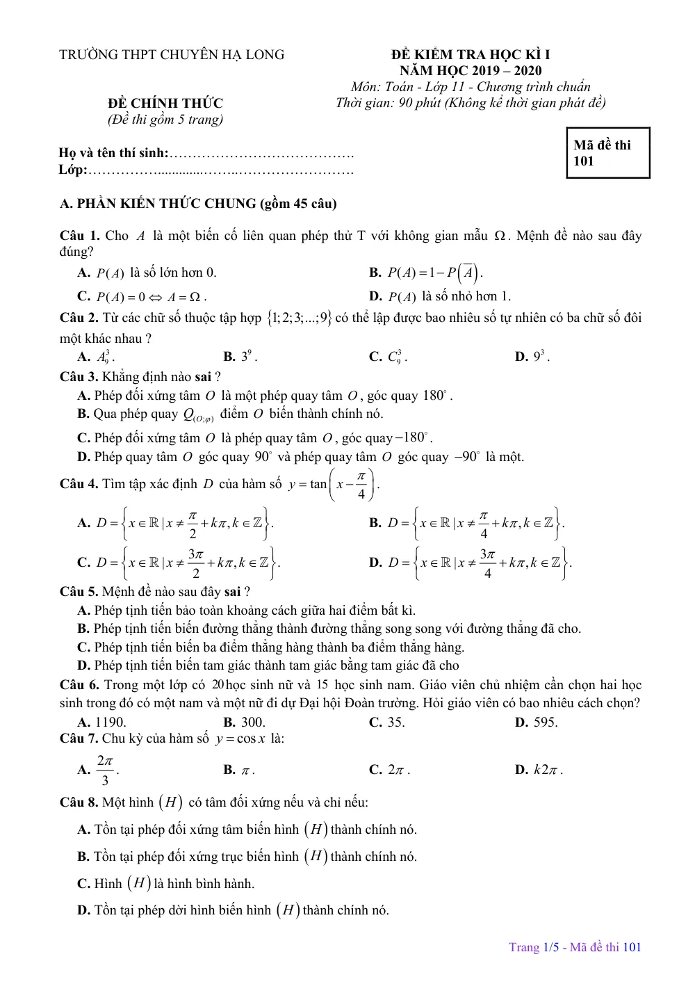 Xem trước trang 1 của "Đề Kiểm Tra Học Kỳ I Toán 11 - Năm học 2019-2020 - Trường THPT Chuyên Hạ Long - Quảng Ninh"