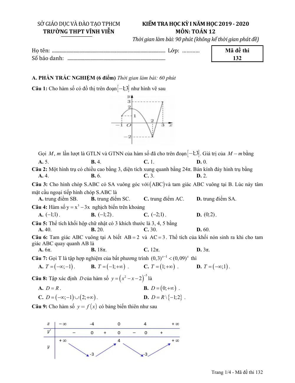 Xem trước trang 1 của "Đề thi học kỳ 1 Toán 12 - Năm học 2019-2020 - Trường THPT Vĩnh Viễn - TP. Hồ Chí Minh"