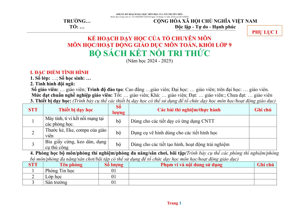 Xem trước trang 1 của "Kế hoạch dạy học môn Toán lớp 9 - Bộ sách Kết nối tri thức (Năm học 2024-2025)"