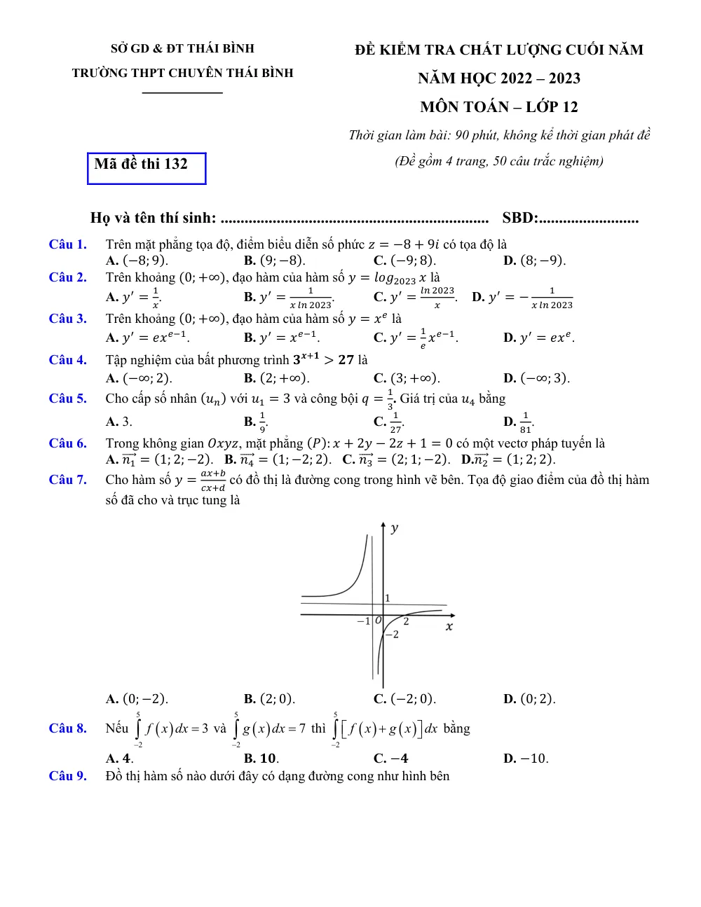 Xem trước trang 1 của "Đề Kiểm Tra Chất Lượng Cuối Năm - Toán 12 - Trường THPT Chuyên Thái Bình - Năm học 2022-2023"