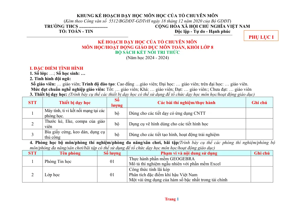 Xem trước trang 1 của "Khung Kế Hoạch Dạy Học Môn Toán Lớp 8 - Bộ Sách Kết Nối Tri Thức (Năm học 2024-2025)"