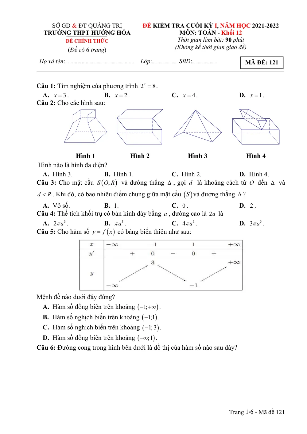 Xem trước trang 1 của "Đề Kiểm Tra Cuối Kỳ I Toán 12 Năm 2021-2022 - Trường THPT Hướng Hóa - Quảng Trị"