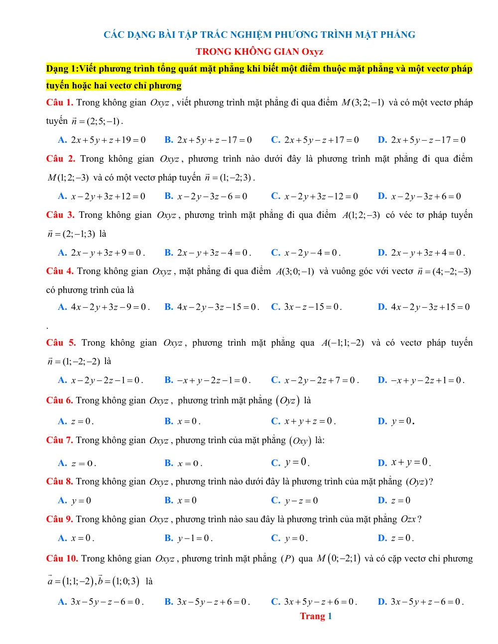 Xem trước trang 1 của "Các dạng bài tập trắc nghiệm phương trình mặt phẳng"