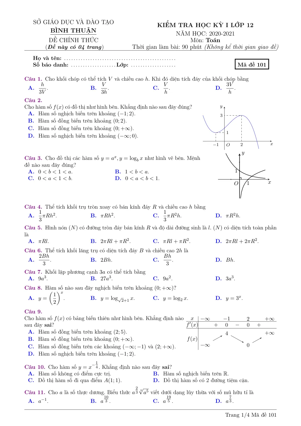 Xem trước trang 1 của "Đề Kiểm Tra Học Kỳ 1 Toán 12 - Năm học 2020-2021 - Sở GDĐT Bình Thuận"