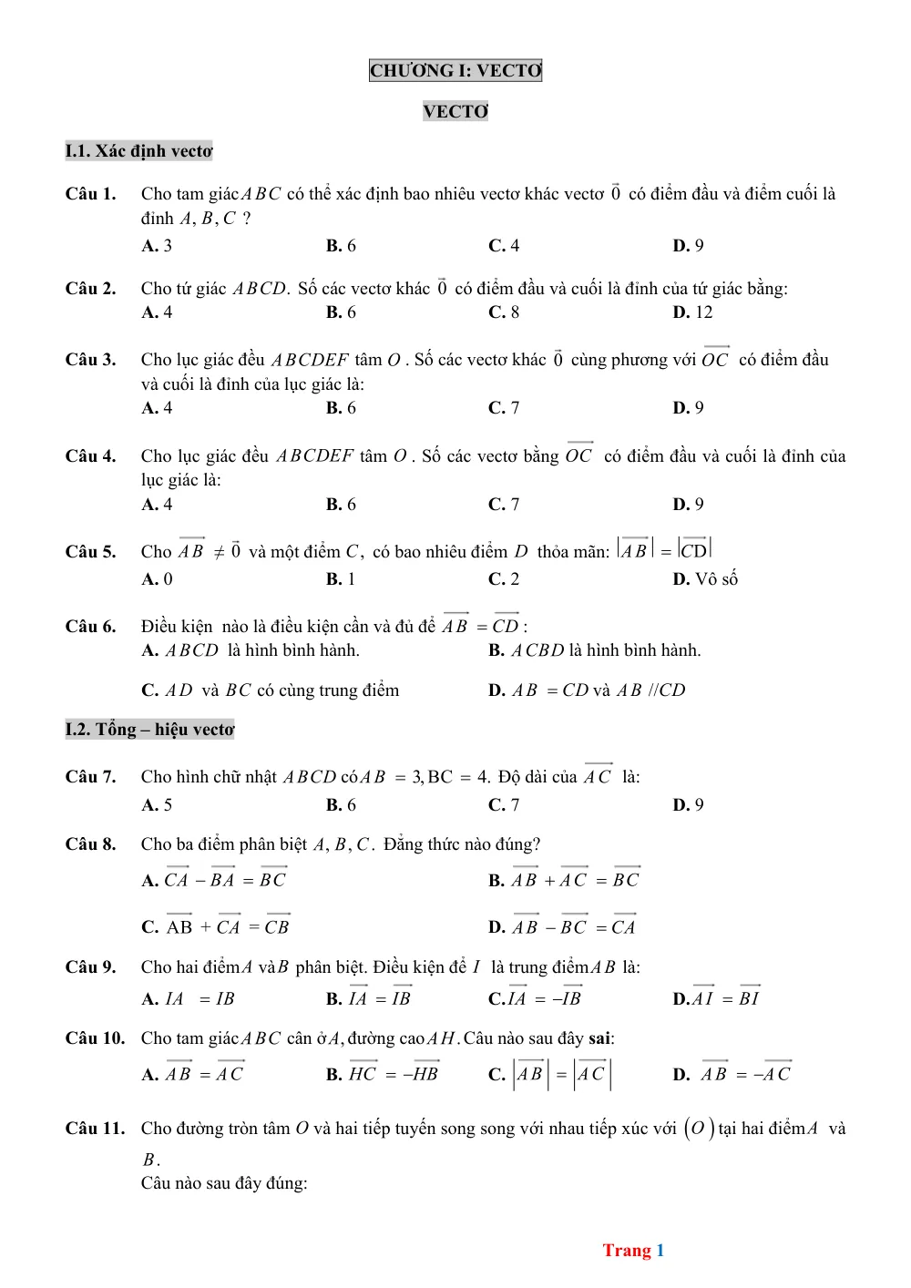 Xem trước trang 1 của "Trắc nghiệm Ôn Chương I: Vectơ Hình 10"
