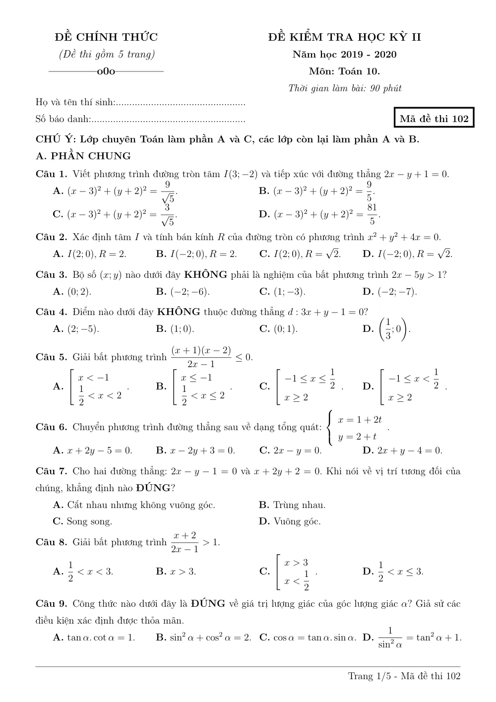 Xem trước trang 1 của "Đề Kiểm Tra Học Kỳ II Toán 10 - Năm học 2019-2020 - Trường THPT Chuyên Hạ Long - Quảng Ninh"