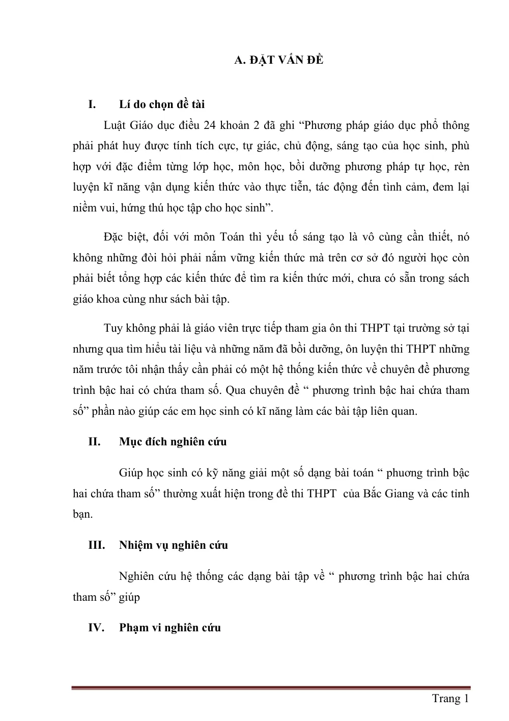 Xem trước trang 1 của "SKKN Phương trình bậc hai chưa tham số"
