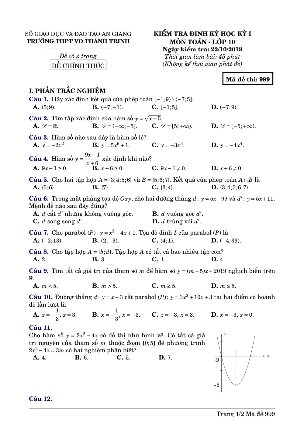 Xem trước trang 1 của "Kiểm tra định kỳ Học kỳ 1 Toán 10 - Trường THPT Võ Thành Trinh - An Giang"