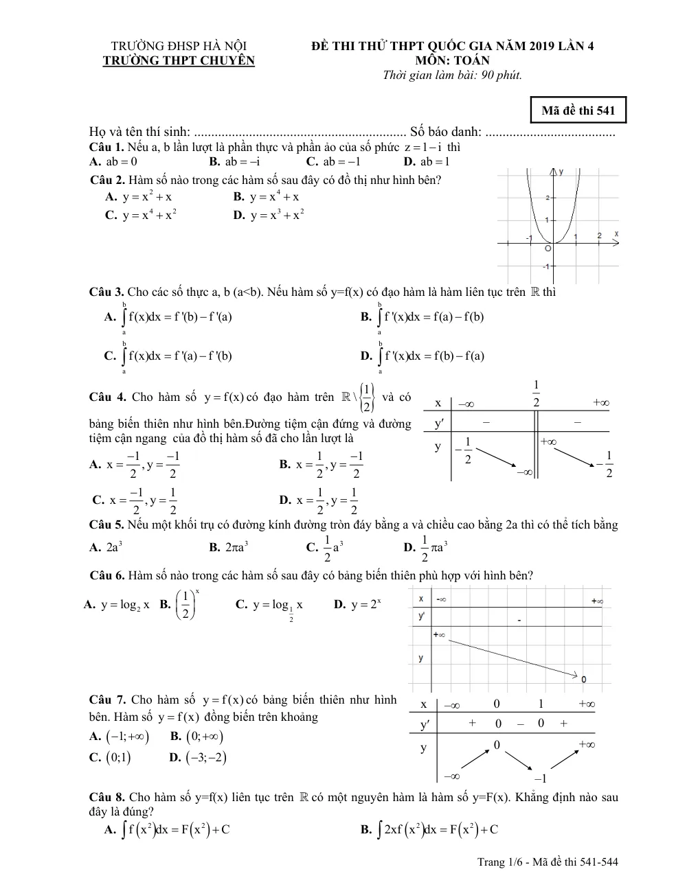 Xem trước trang 1 của "Đề Thi Thử Toán THPT Quốc Gia 2019 - Trường THPT Chuyên ĐHSP Hà Nội (Lần 4)"