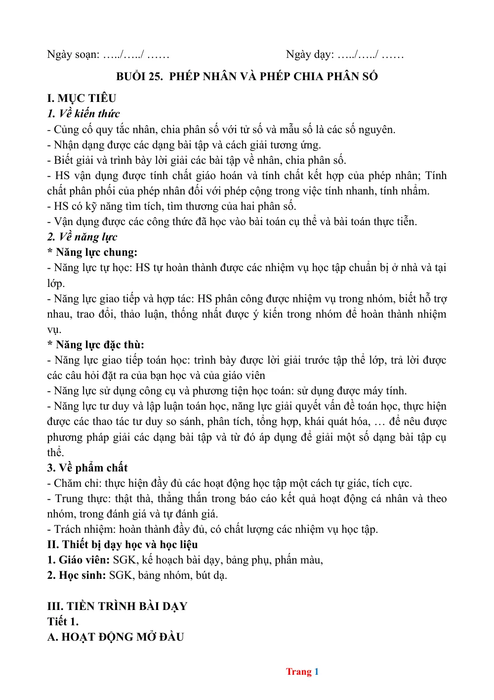 Xem trước trang 1 của "Toán 6 - Phép Nhân và Phép Chia Phân Số"