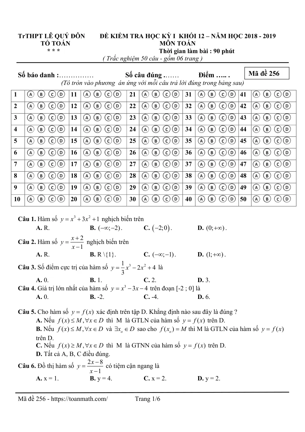 Xem trước trang 1 của "Đề Kiểm Tra Học Kỳ I Toán 12 - Năm Học 2018-2019 - Trường THPT Lê Quý Đôn - Quảng Ngãi"