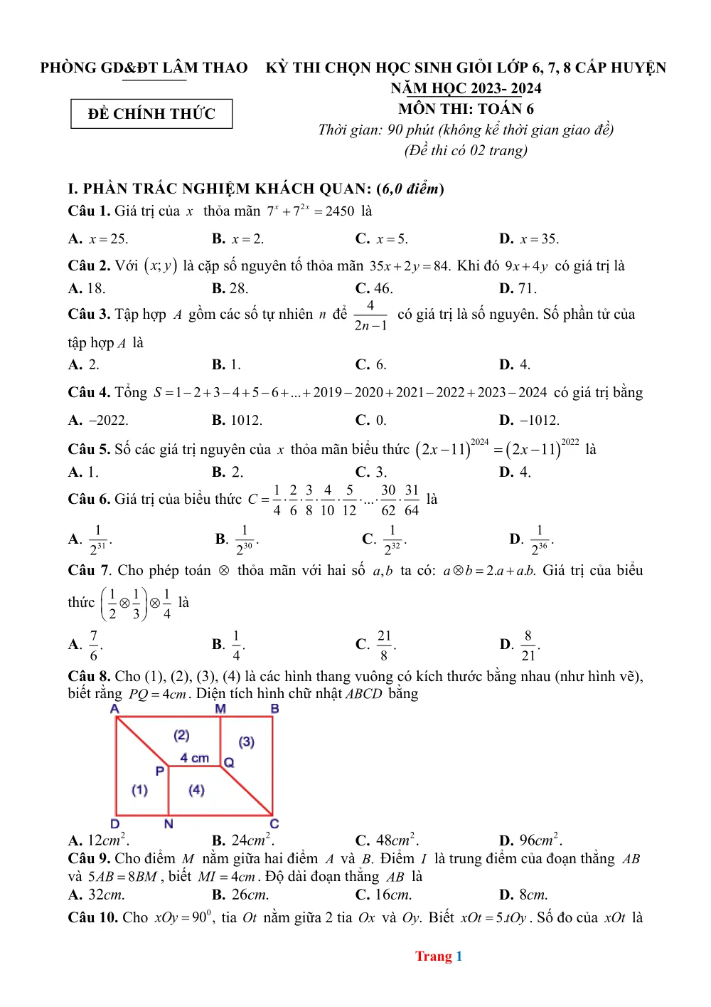 Xem trước trang 1 của "Kỳ Thi Chọn Học Sinh Giỏi Lớp 6 Cấp Huyện Môn Toán 6 Năm Học 2023-2024 - Phòng GD&ĐT Lâm Thao"
