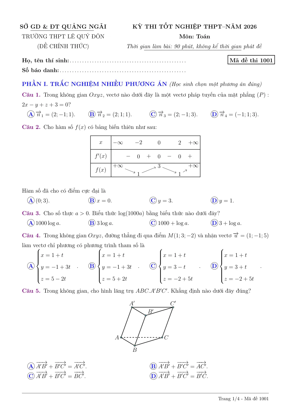 Xem trước trang 1 của "Đề thi Tốt nghiệp THPT 2026 - Môn Toán - Trường THPT Lê Quý Đôn - Quảng Ngãi"