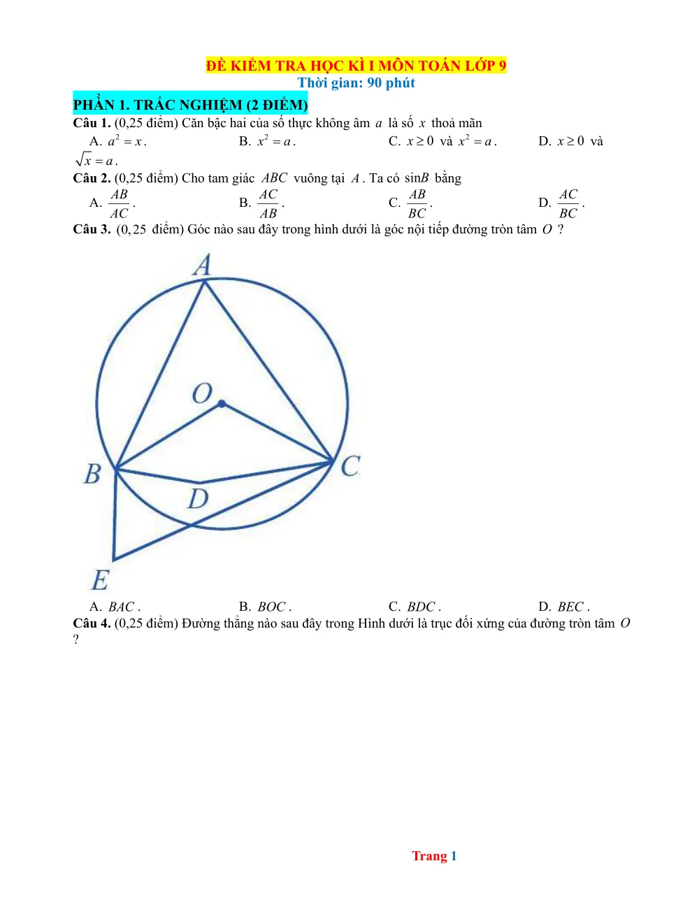 Xem trước trang 1 của "Đề Kiểm Tra Học Kỳ 1 - Toán 9"