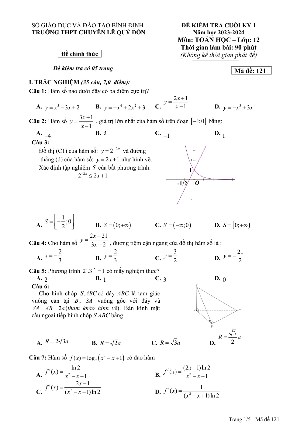 Xem trước trang 1 của "Đề Kiểm Tra Cuối Kỳ 1 Toán 12 - Trường THPT Chuyên Lê Quý Đôn - Năm học 2023-2024"